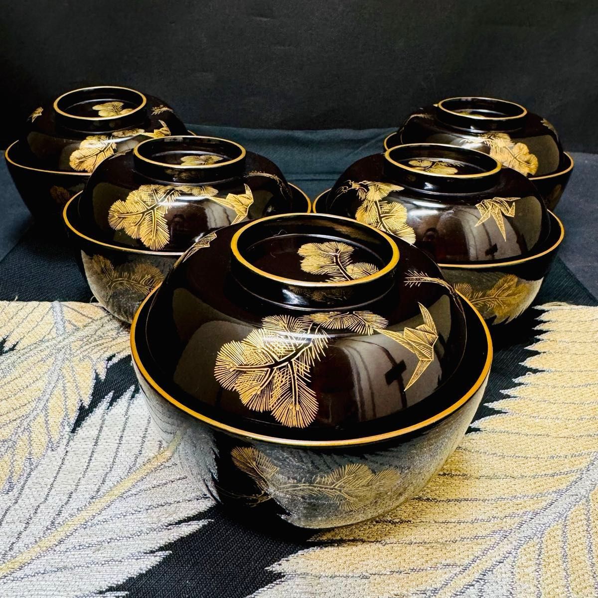 能登輪島塗 漆塗り蒔絵 木製蓋付椀 煮物椀5客セット共箱