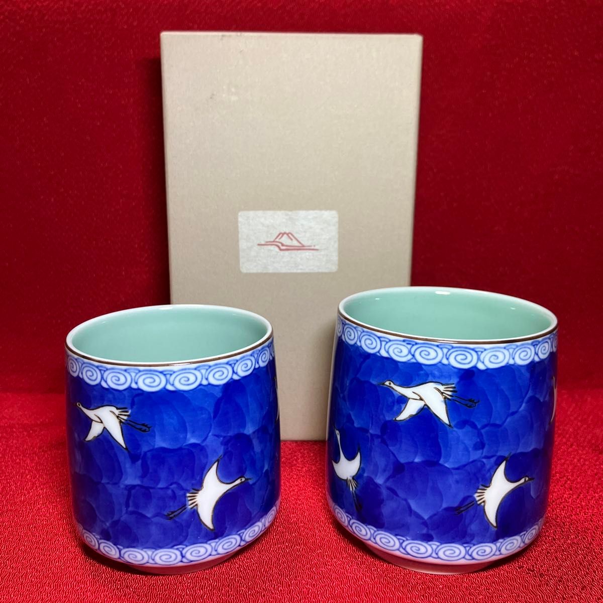 2019 深川製磁 染錦手波鶴紋 組湯呑 蓋付 未使用