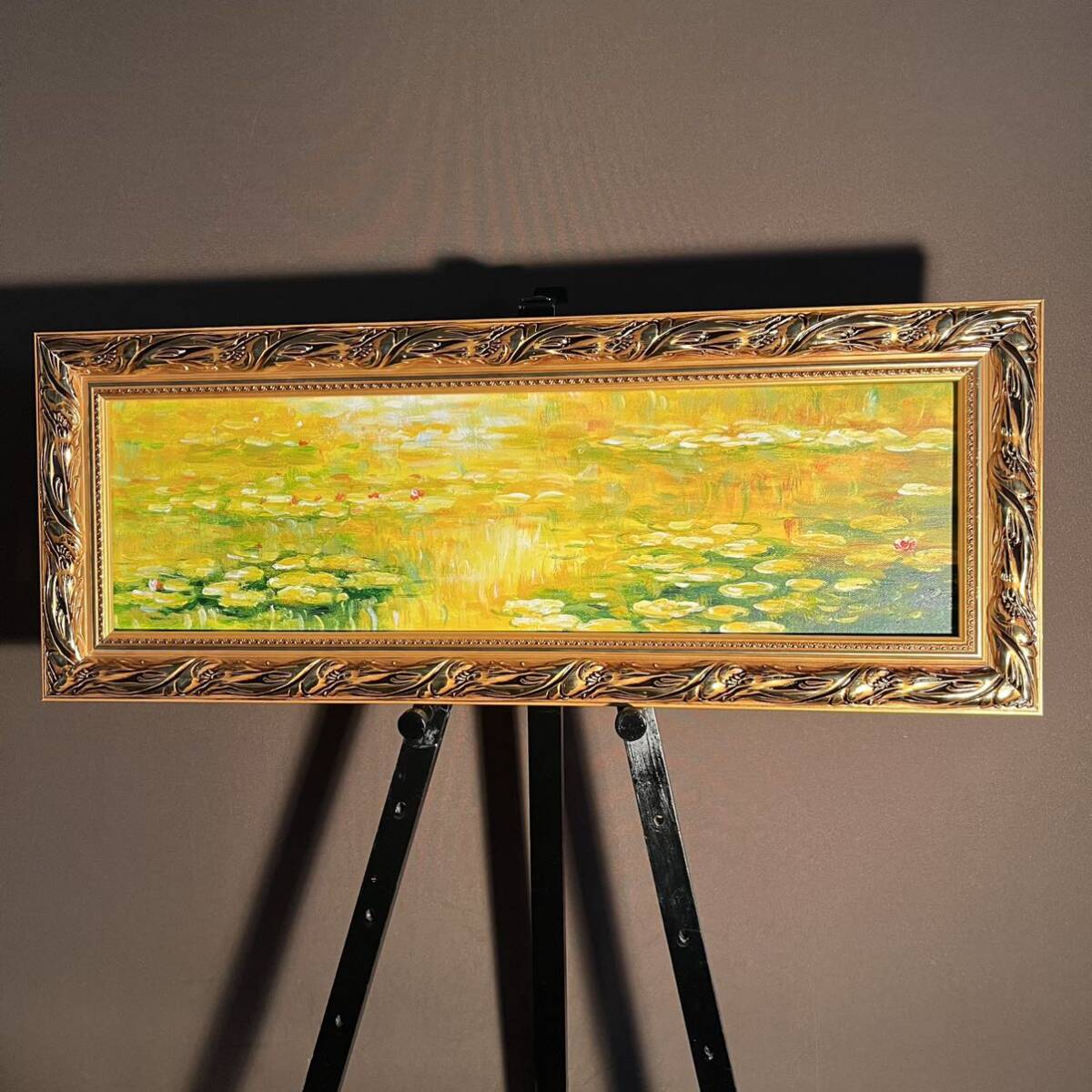☆秀作☆ 手書き油絵 クロード・モネ 睡蓮の池 黄金色 手書き油絵