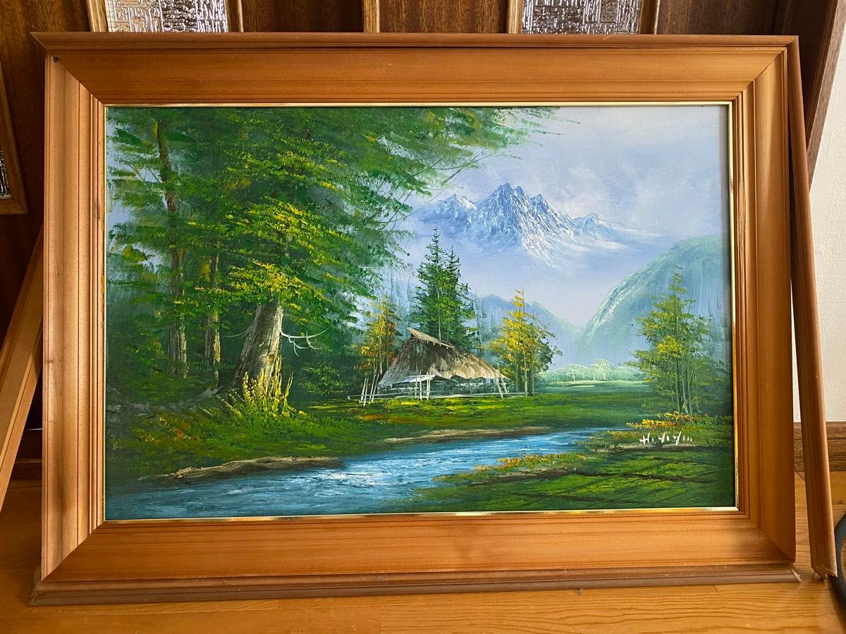 大型油彩画 肉筆 風景画 森林水面 金色額縁 インテリア 美術品 大型油彩画