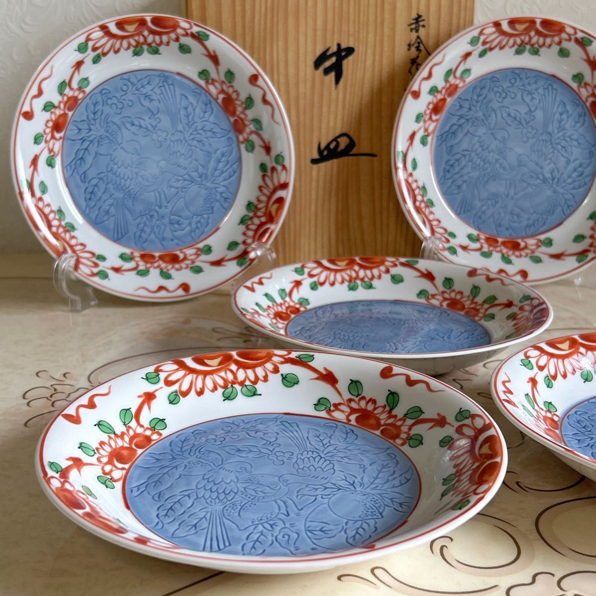 たち吉 赤絵 染付花鳥彫 中皿揃 5枚セット 和皿 和食器 橘吉 古伊万里