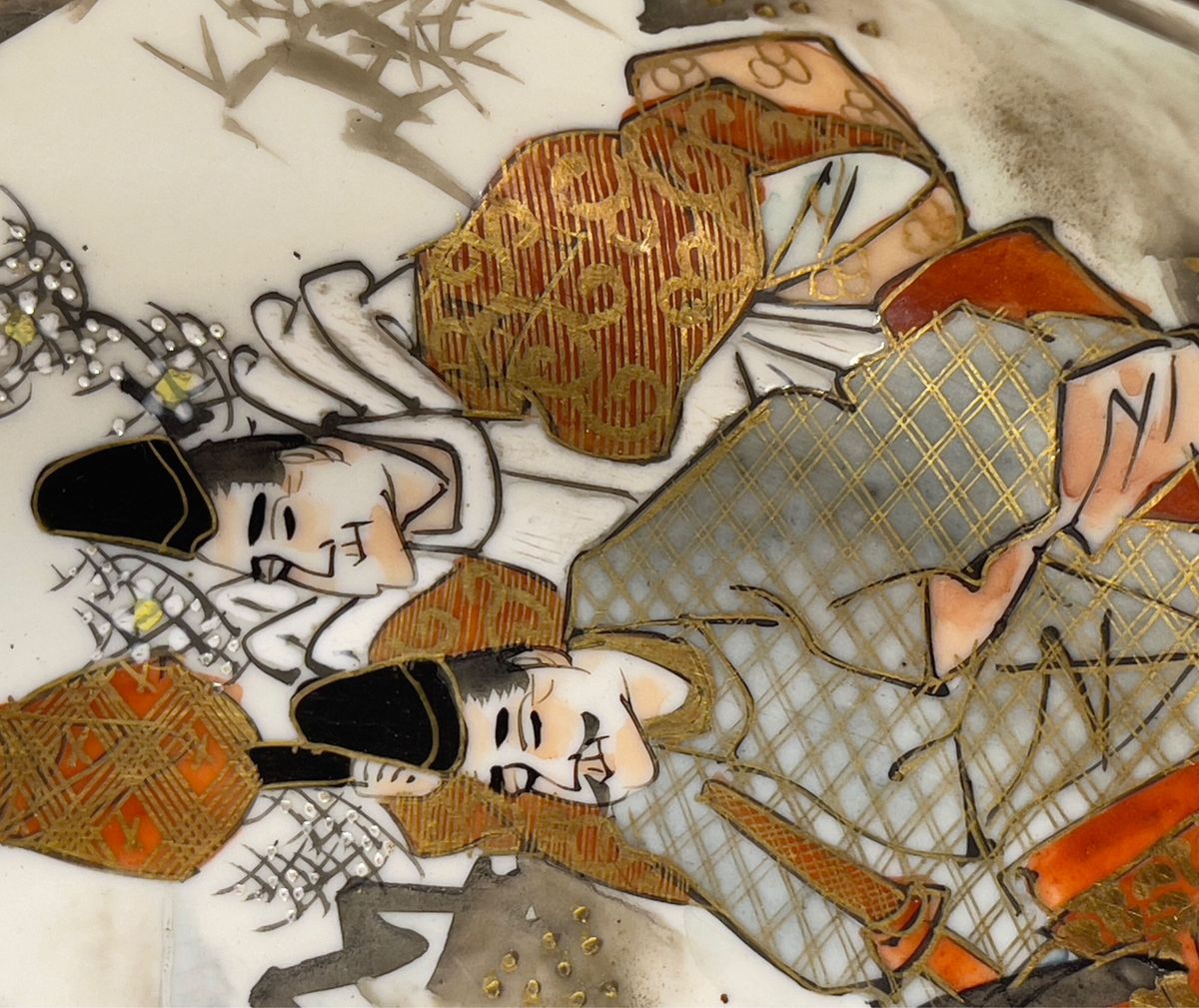 骨董・美品】大日本九谷造 赤絵 高砂図 飾り皿/大皿/径40cm弱 明治期