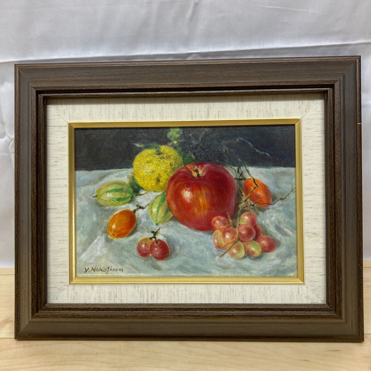 絵画 インテリア 額付(青緑＋金色の枠) 油絵 uF6-061203 静物 果物