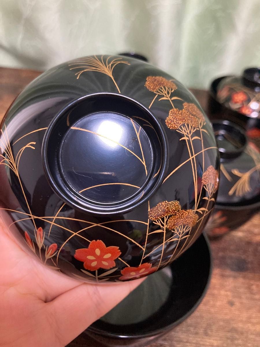 時代木製漆器 花蝶 金蒔絵 黒塗椀 五客 野菊 MA33 / (検)輪島能登