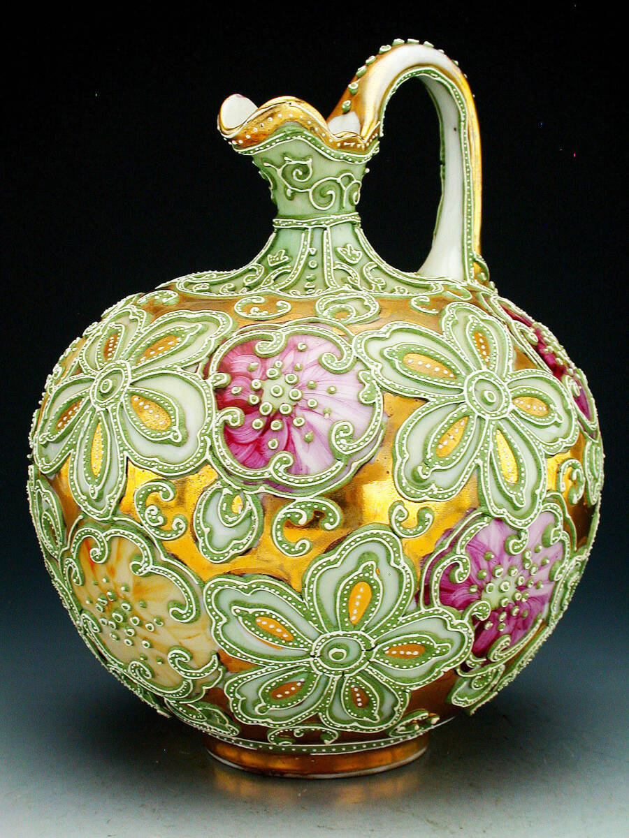 美品】オールドノリタケ 約25cm 薔薇紋 エナメル盛り 花瓶 アール