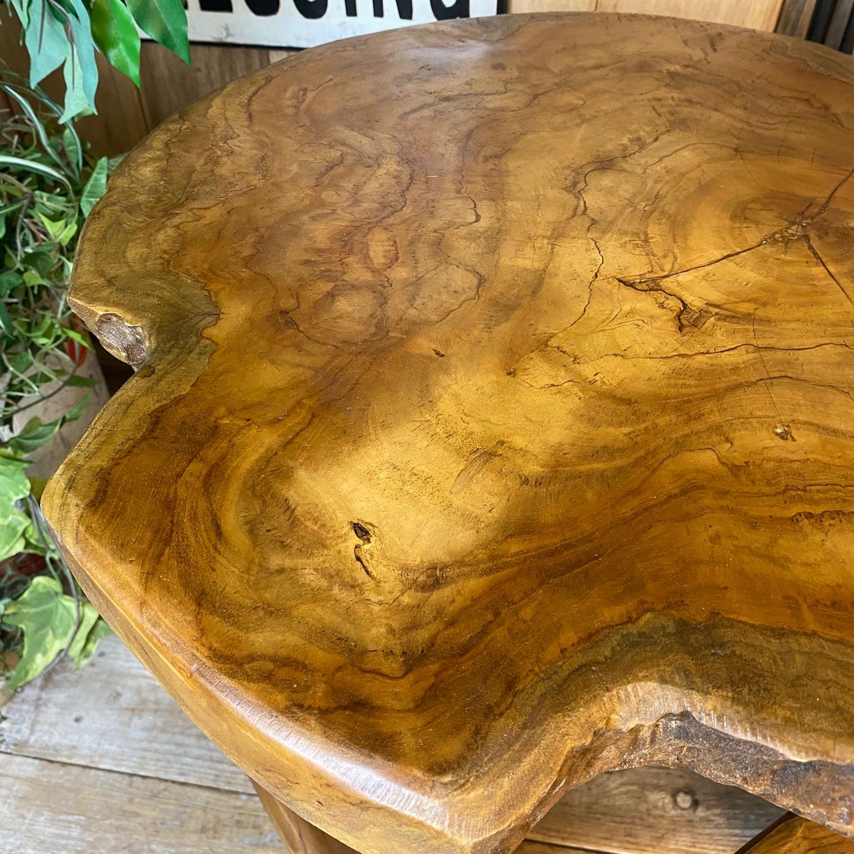 オールドチーク天然無垢材極太丸テーブルL木製飾り台椅子チェアサイド