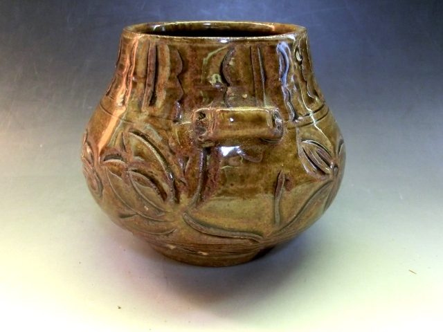 壷□古い飴釉耳付き立ち壺 花瓶 オブジェ 須恵器 古玩 唐物 時代物