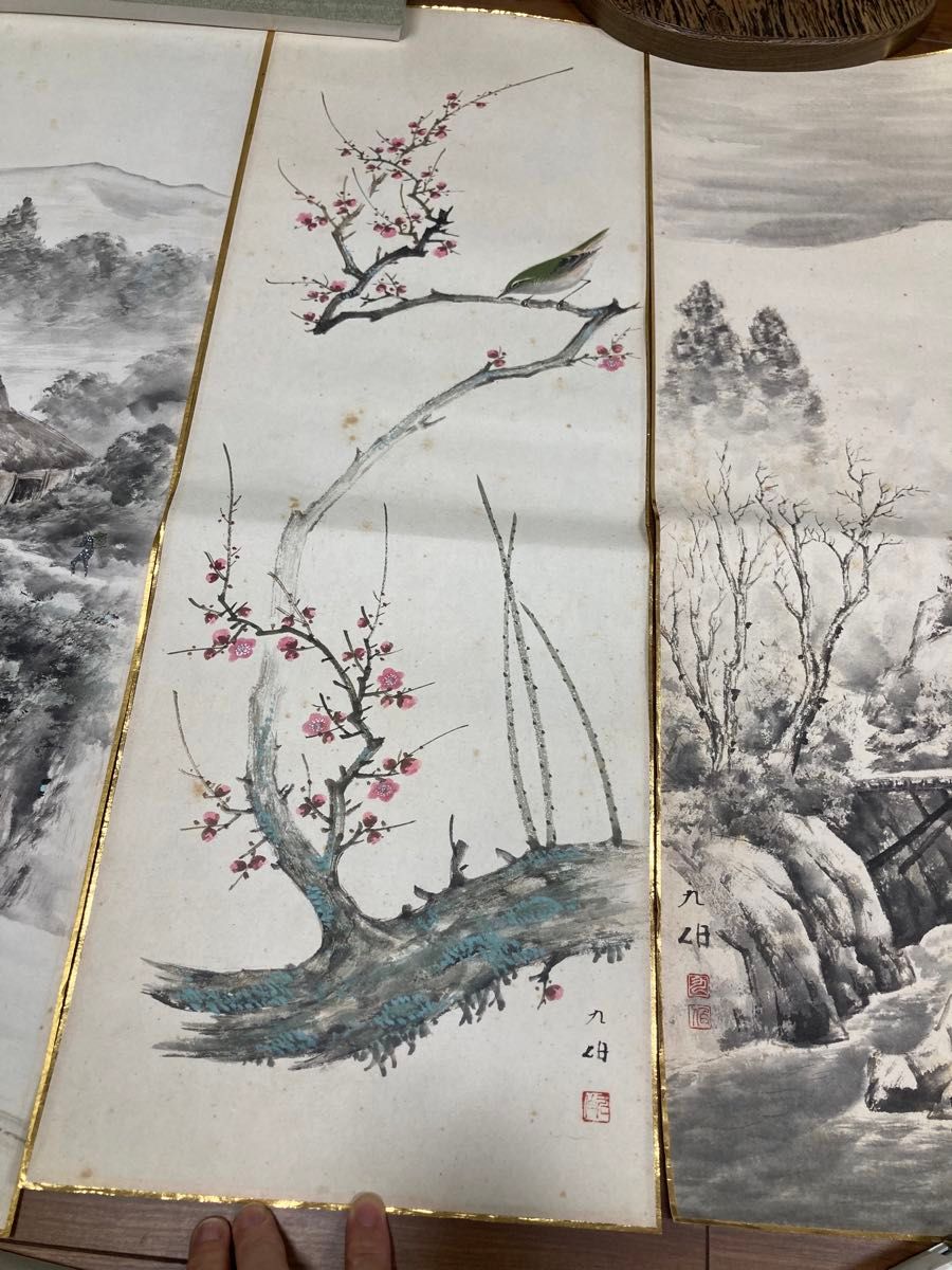 まくり 日本画 江戸時代 道中風景 紙本彩色 まくり 日本画 江戸時代 道中