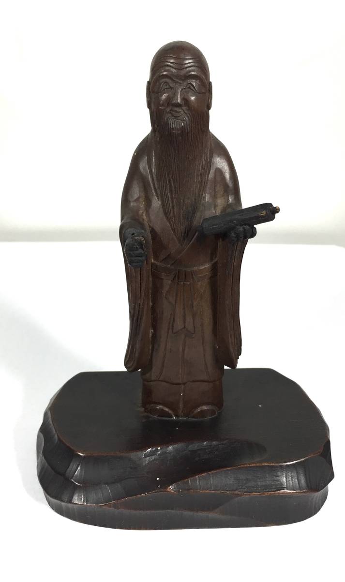 仙人 木彫り 人形 線密彫刻 約14.5cm 巻物 仏像 仙人像 中国美術 中国