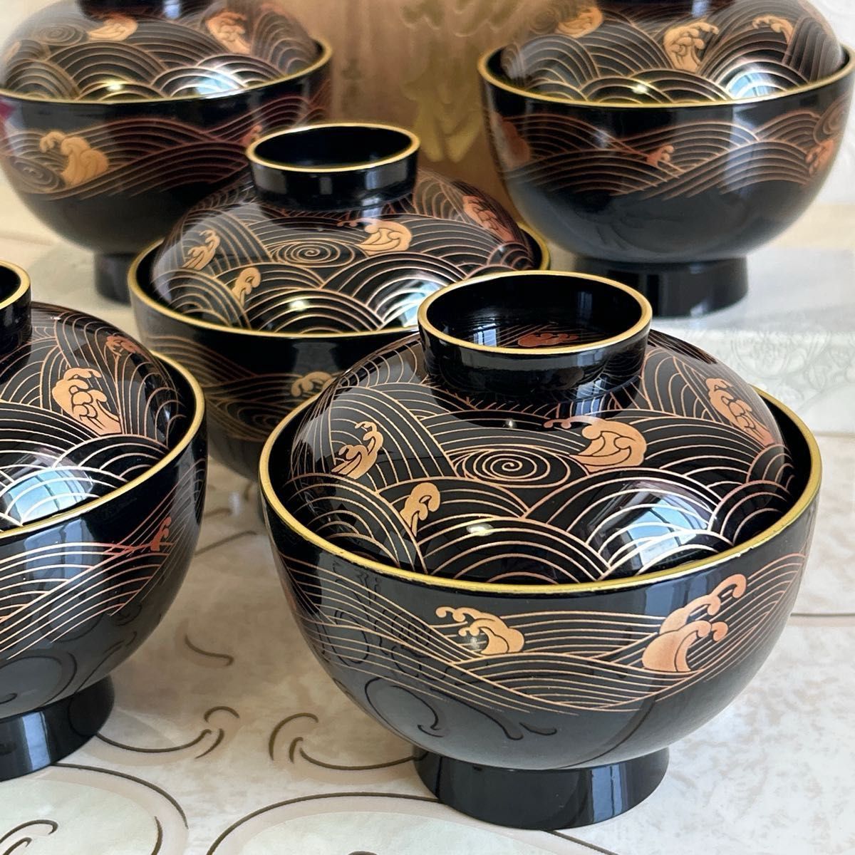 会津塗 坂本乙造 金彩蒔絵青海波 本漆仕上 蓋付きお吸い物椀揃 5客 汁