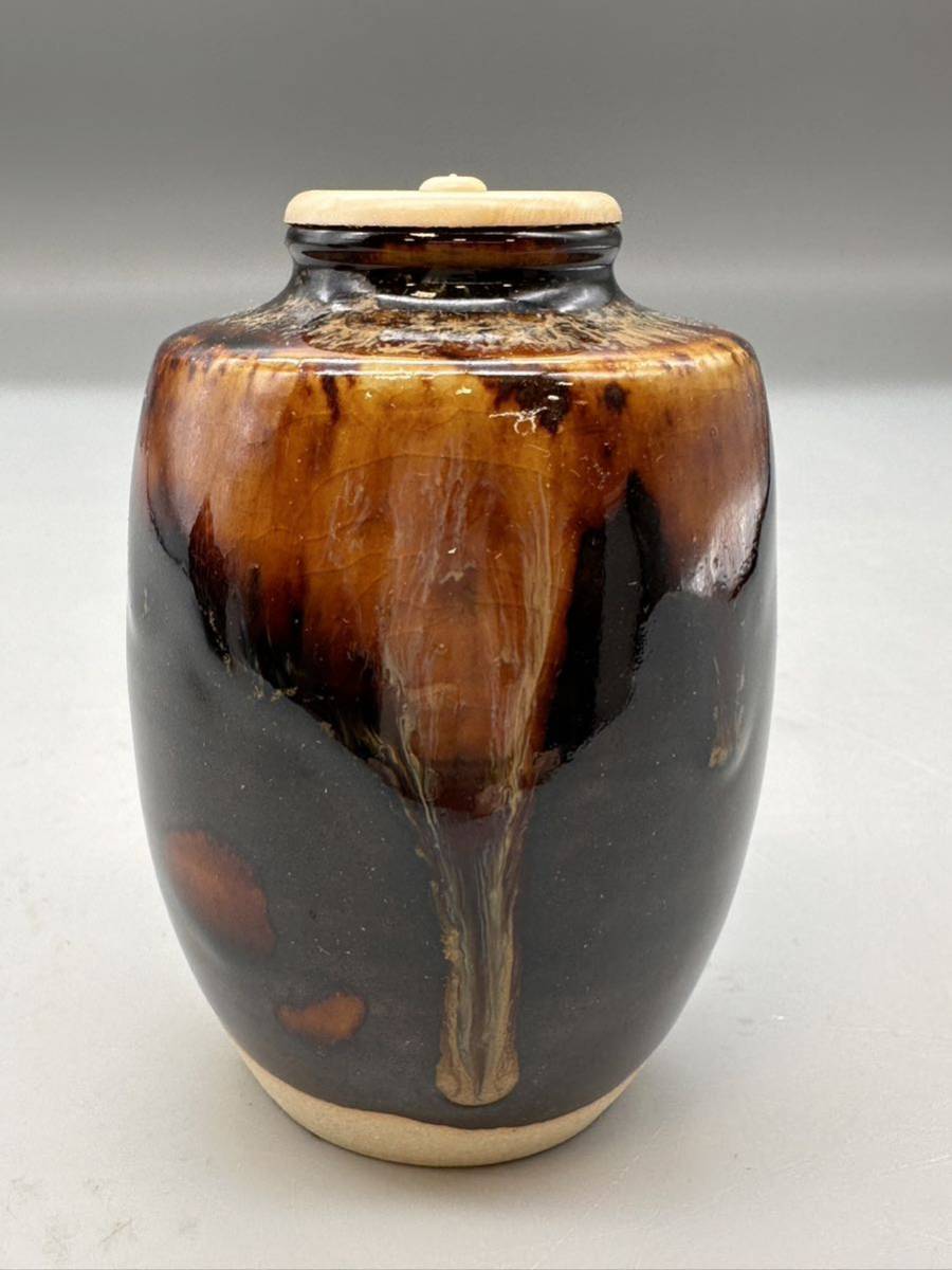 茶道具 京都洛東 桶谷定一作 肩衝茶入 正倉院如意華紋