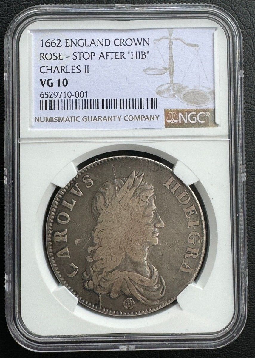 イギリスクラウン銀貨 チャールズ2世ローズマーク 1662年 NGC VG10