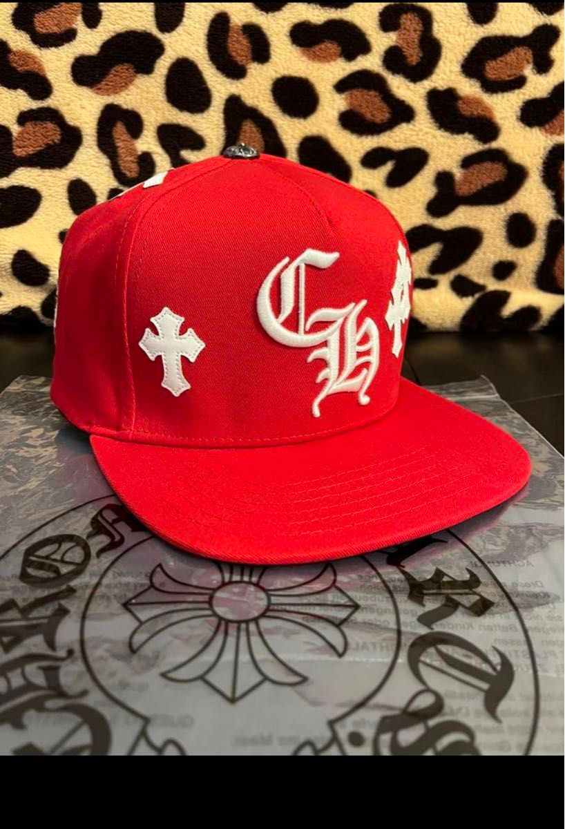 CHROME HEARTSクロムハーツ クロスパッチベースボールキャップ 白×赤