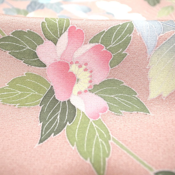 訪問着 着物 袷 手描き友禅 作家物 茂樹 薄ピンクベージュ 草花 花