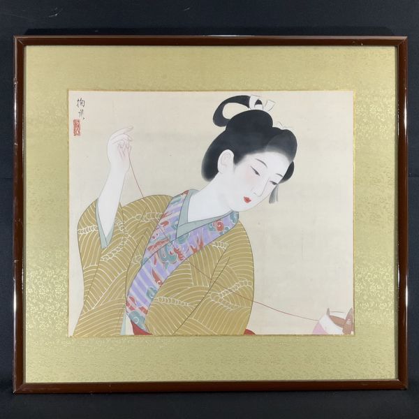 蔵出し品☆真作 門井掬水 色紙 日本画 バラ 木製額縁