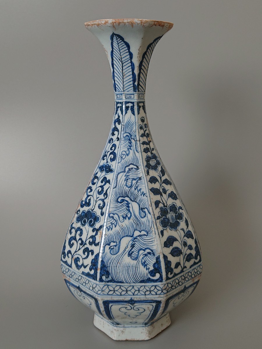 清時代 染付山水博古花瓶 中国 骨董 古董 古い 花瓶 清時代 染付