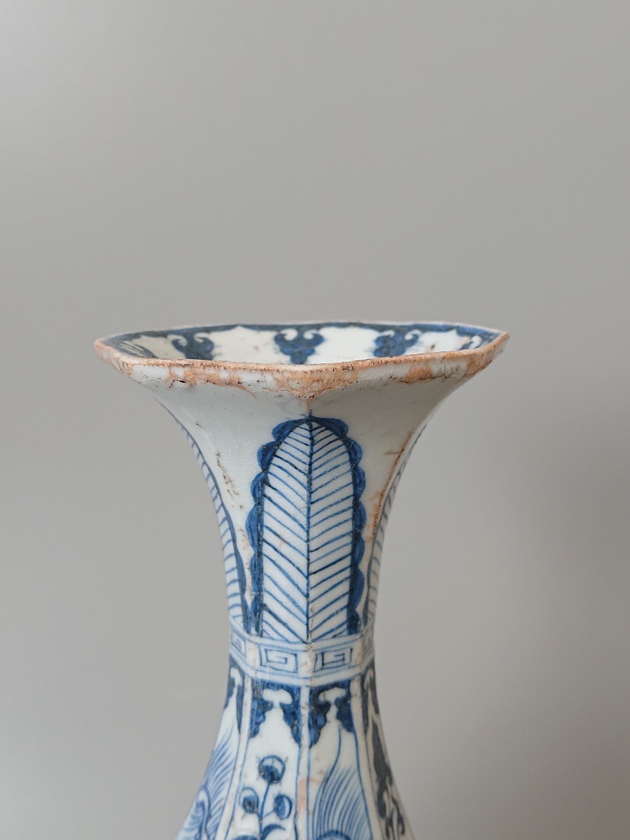 中国古美術 明の時代 染付(青花)雲堂手 訪友図 八角花瓶