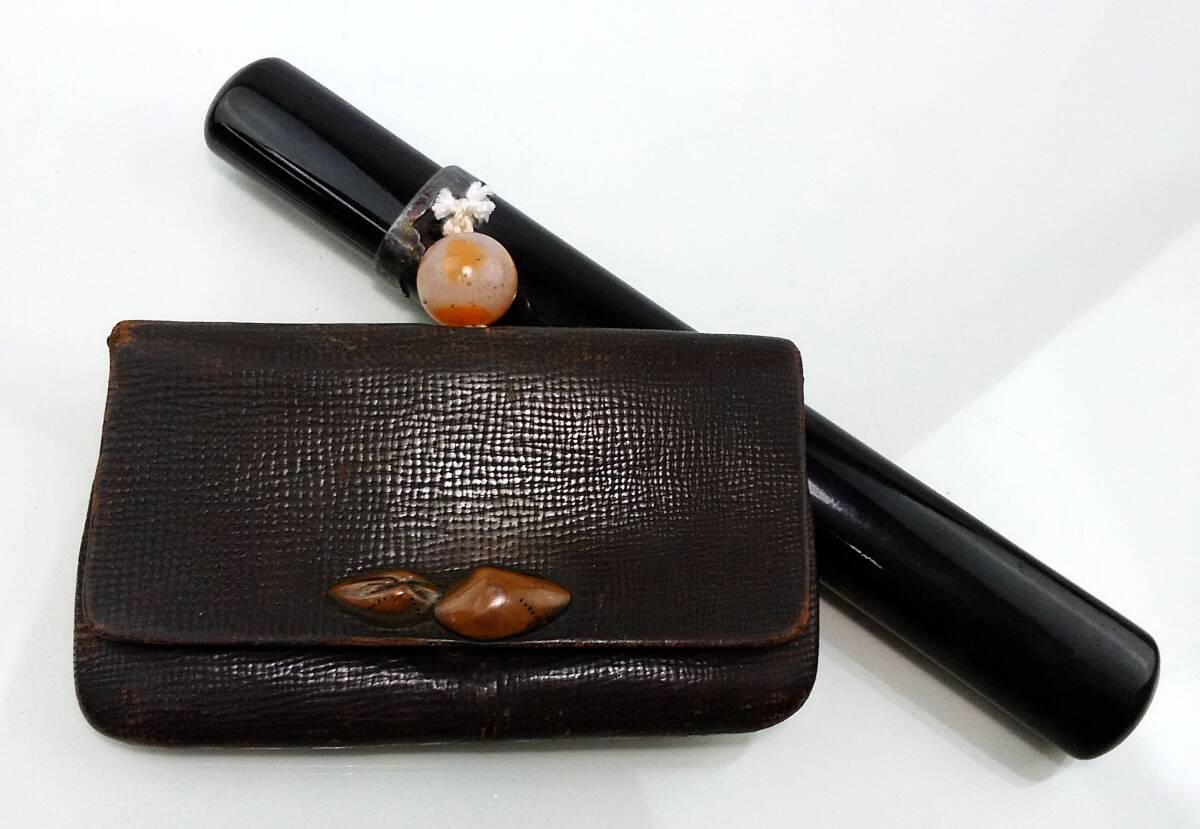 K/ 煙草入 喫煙具 たばこ入れ 提げ物 蛤 船 時代物 革 煙管筒 0312-