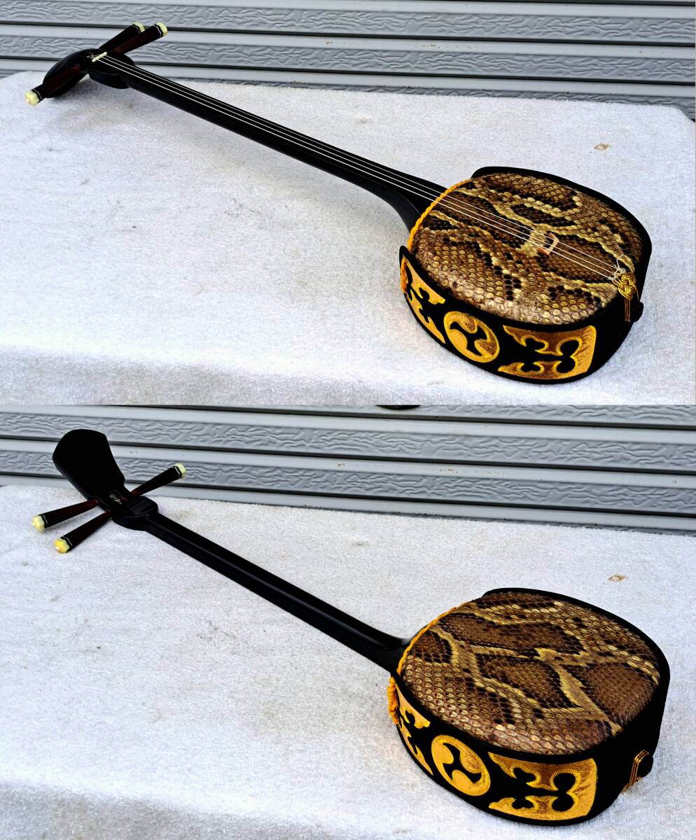 沖縄三味線 和楽器 琉球 三味線 三線 蛇革 蛇柄 蛇 革 弦楽器 美品】
