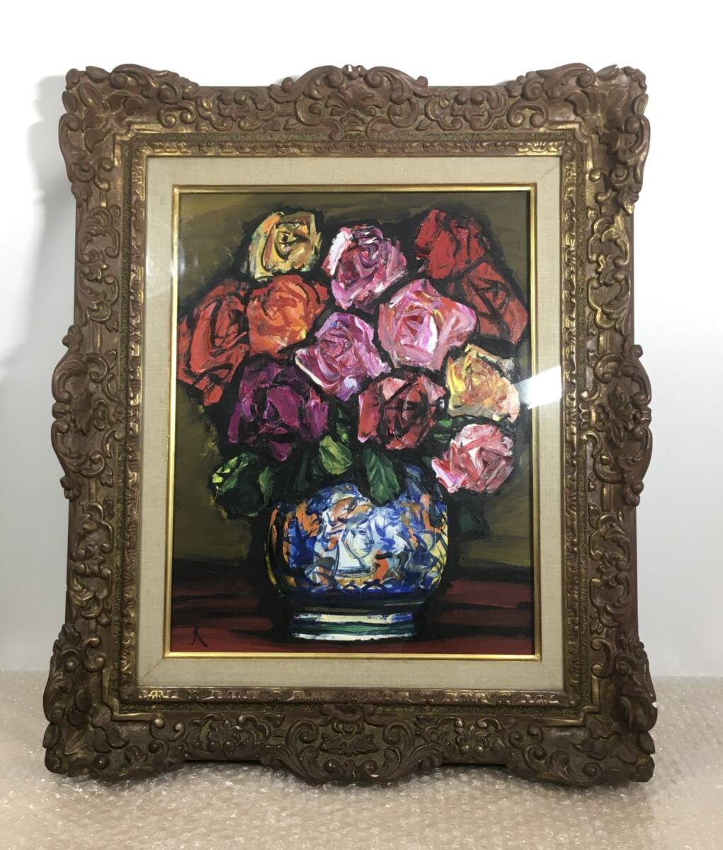 時代物 肉筆油彩画 薔薇 vintage 直筆サインあり 時代物 肉筆油彩画