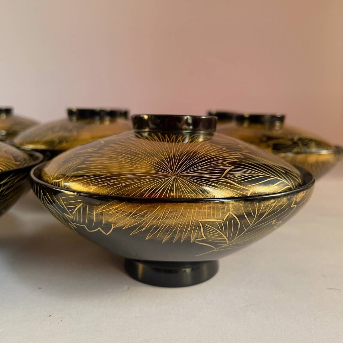 和美】輪島塗 塩安製 沈金菊彫 吸物椀八客 共箱 漆器 7266