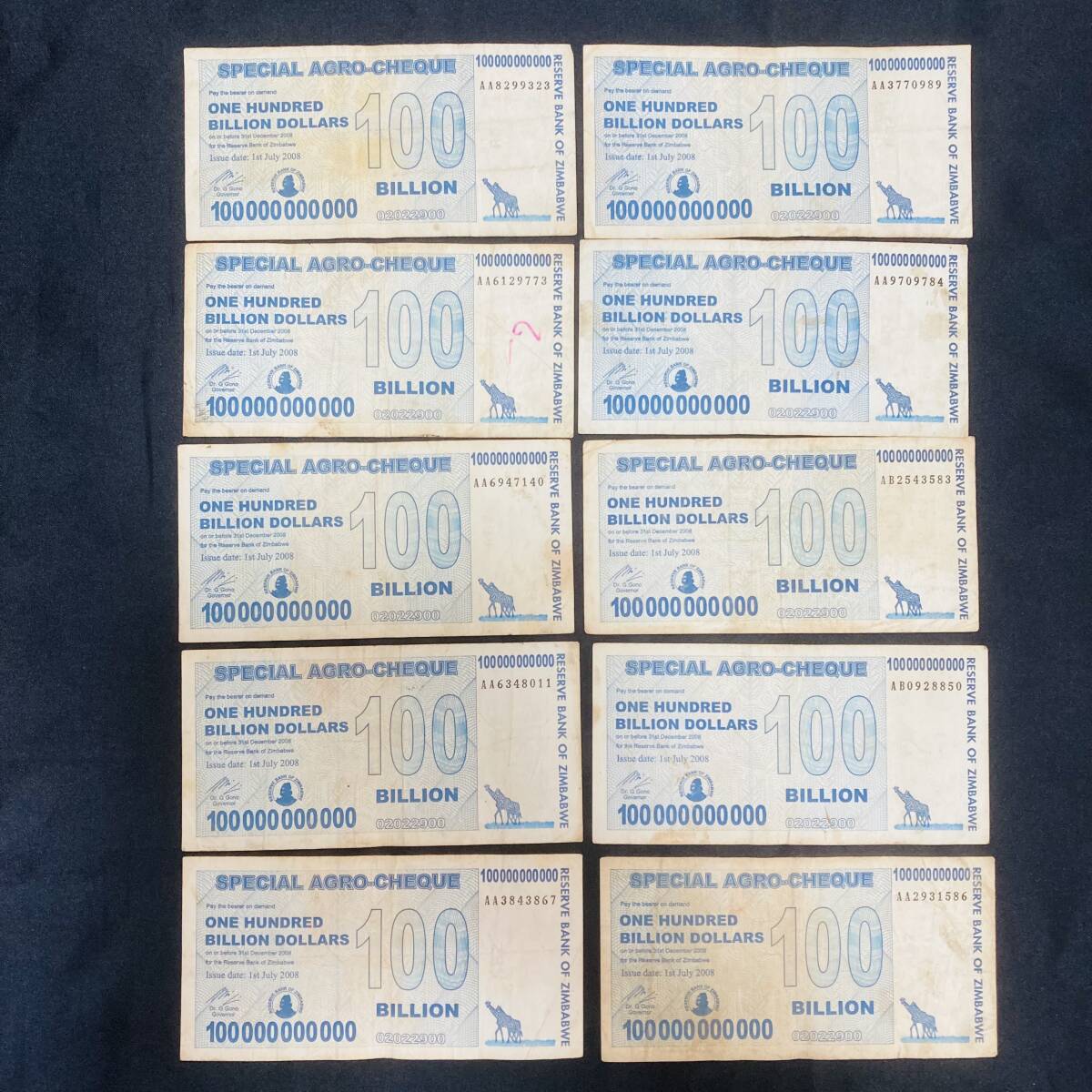 ジンバブエドルアグロチェック1000億ドル10枚