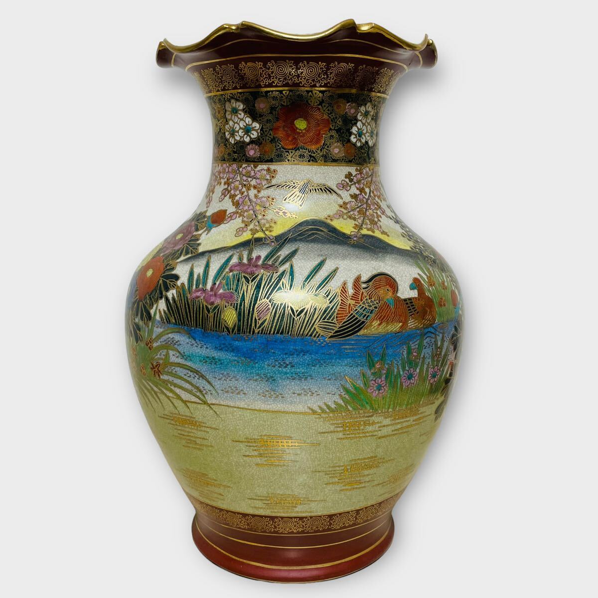 薩摩焼 金襴手色絵耳付武者図花瓶 共箱付 36.5㎝ 花器 飾壺 古美術