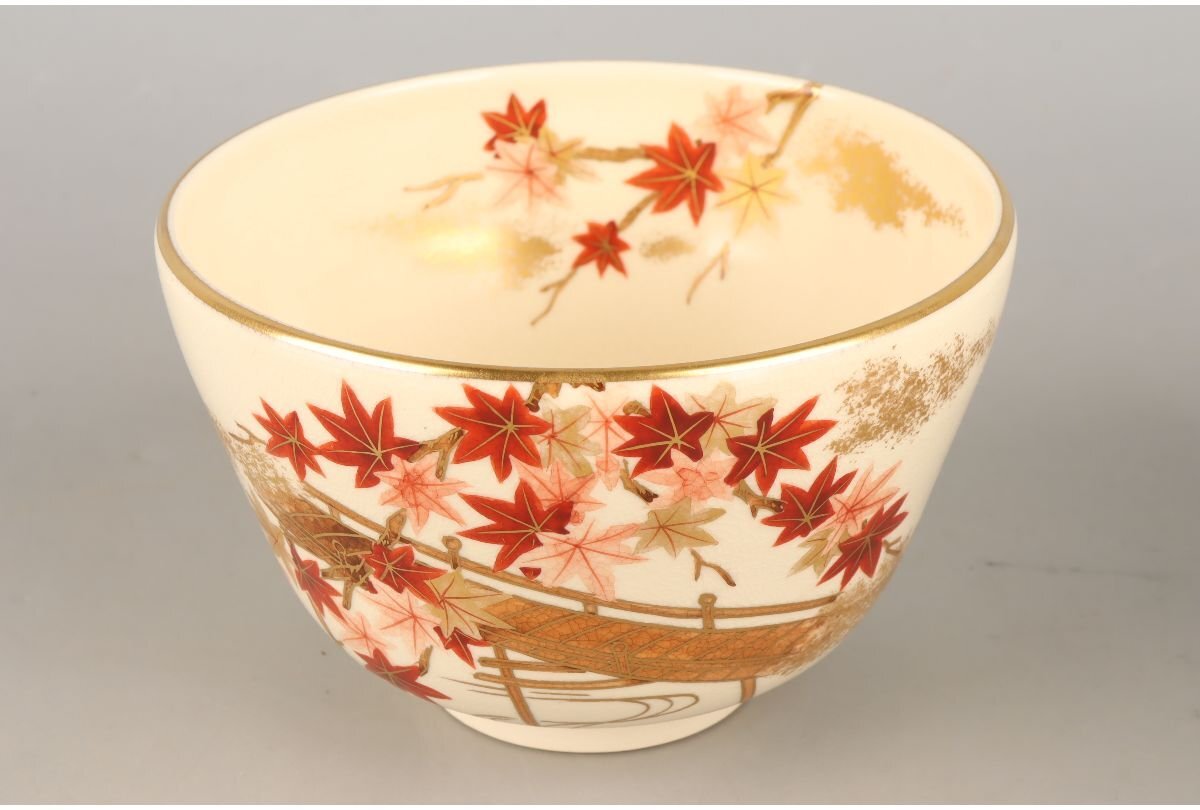 T414 茶碗 『乾山写 紅葉文』『平安 橋本紫雲 造』 共箱 抹茶碗