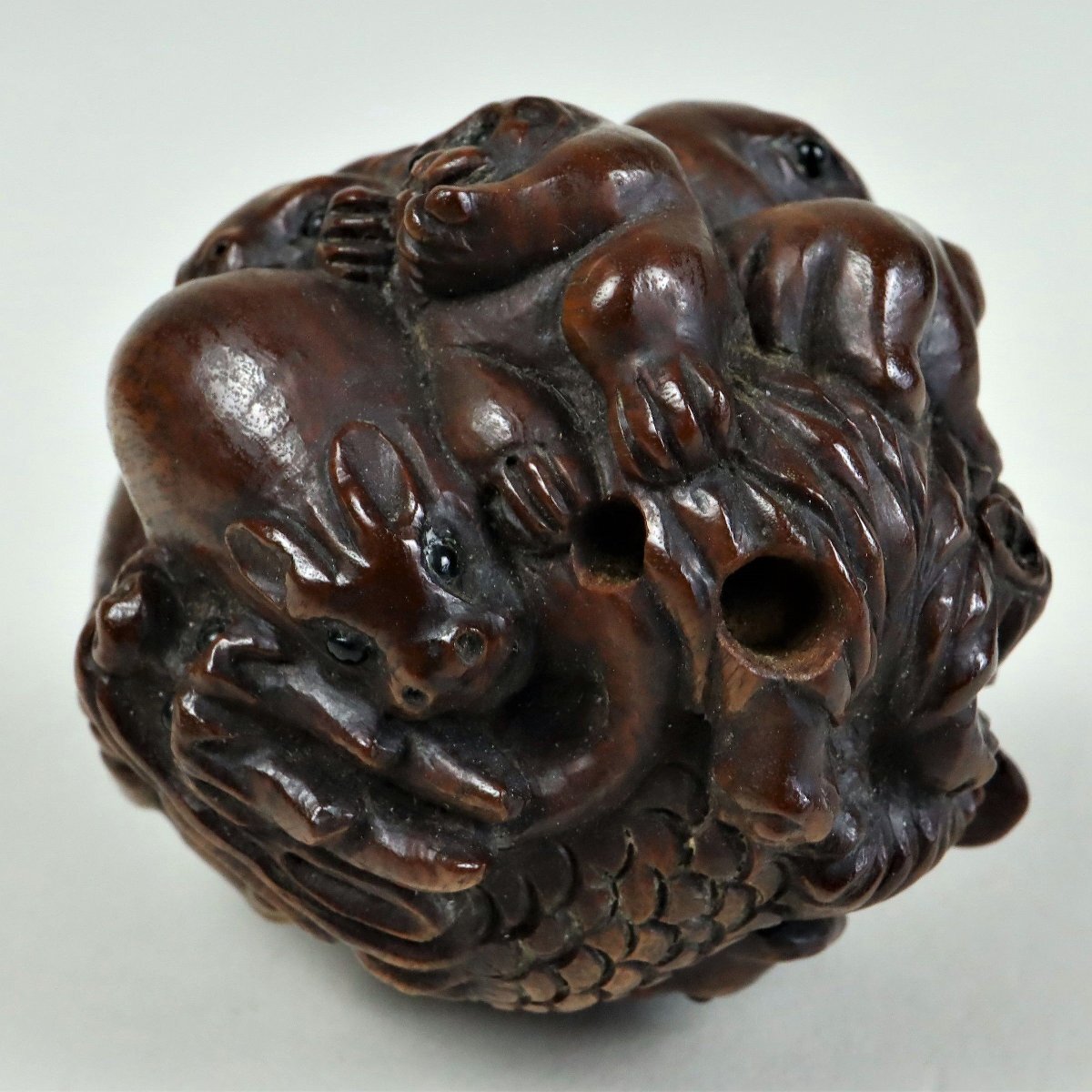 木彫 友正銘 柘植 根付 干支 十二支 箱 細密彫刻 印籠 木工芸 骨董品