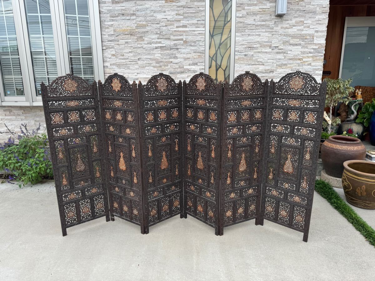 アジアン家具 4連パーテーション 透かし彫り 衝立 間仕切り 彫刻 高級