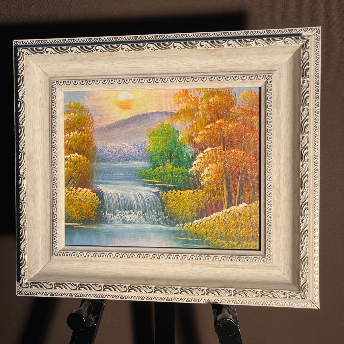 ☆大型絵画☆ 手書き油絵 3枚組 朝日と山河 額付 額付き 絵画 油彩画