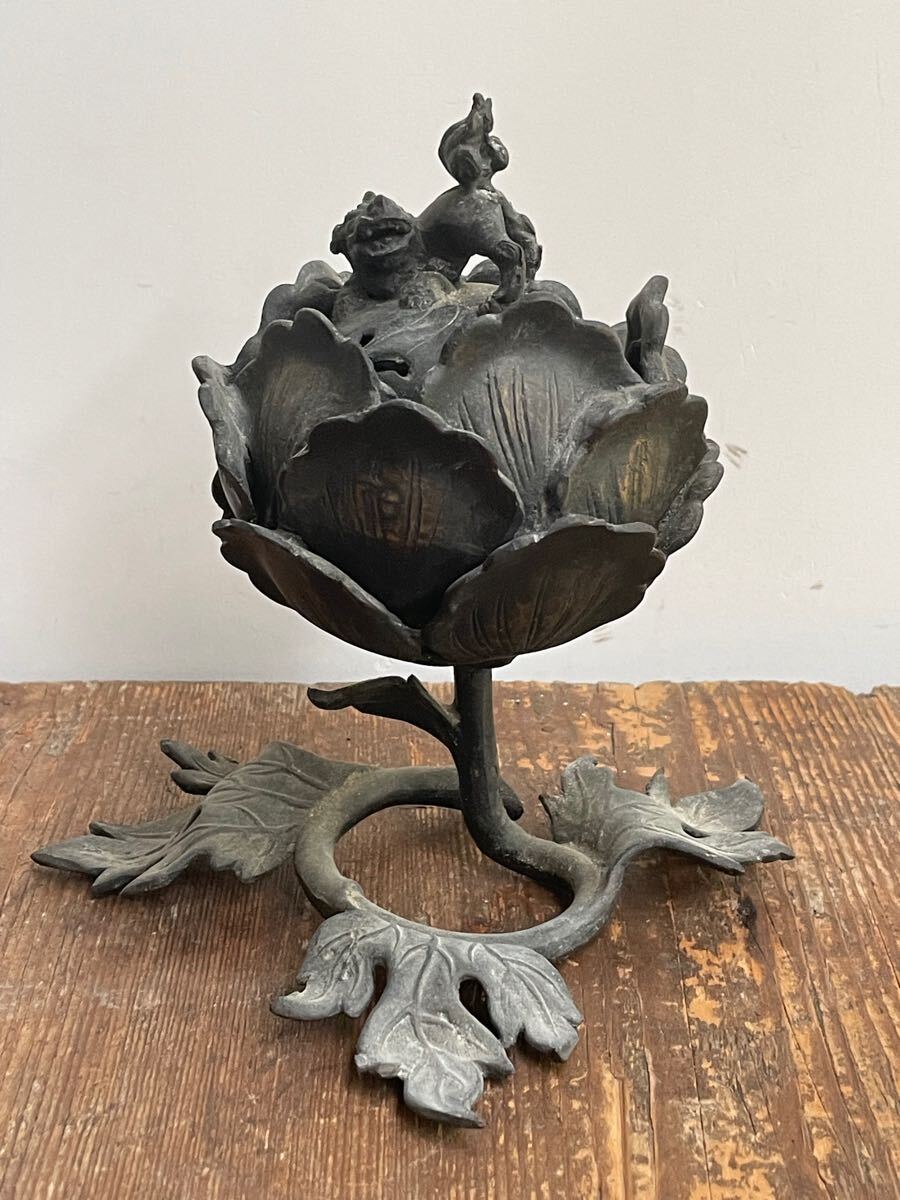 唐銅携行香炉 獅子蓋双耳三つ足 明～清古玩 唐銅 【