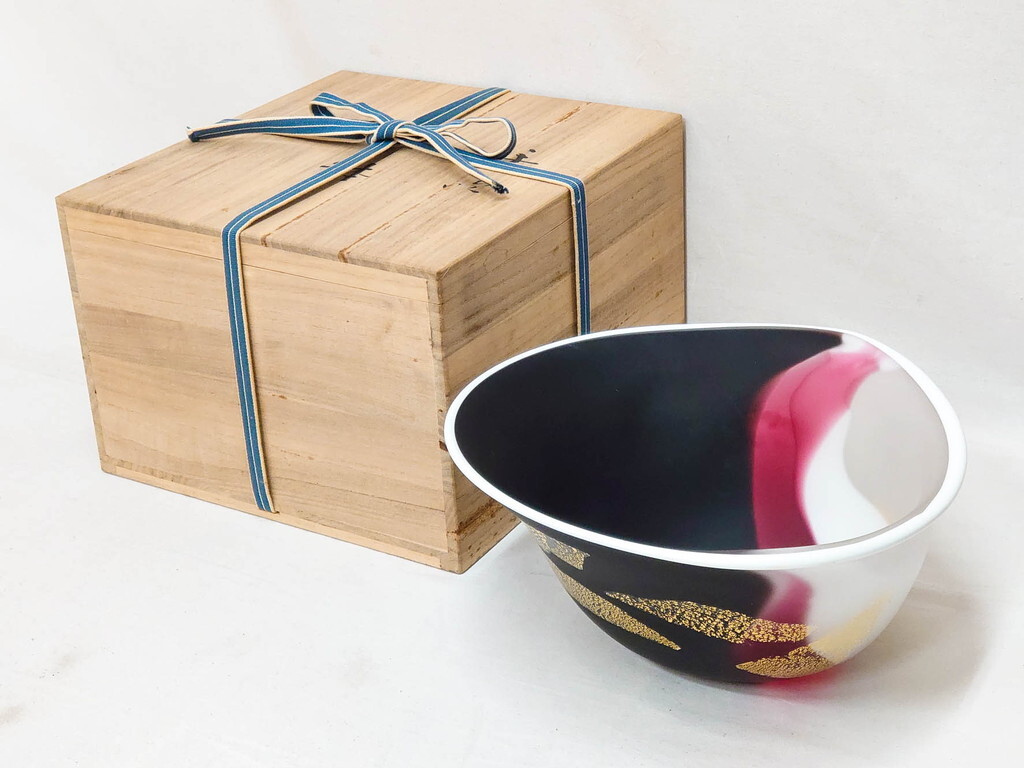 藤田喬平 金彩 手吹きガラス 彩鉢 ガラス皿 2客 R-078893 ガラス工芸