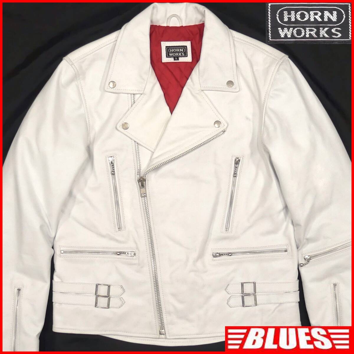 Horn Works】 牛革ダブルライダースジャケット ホワイト 古着 白