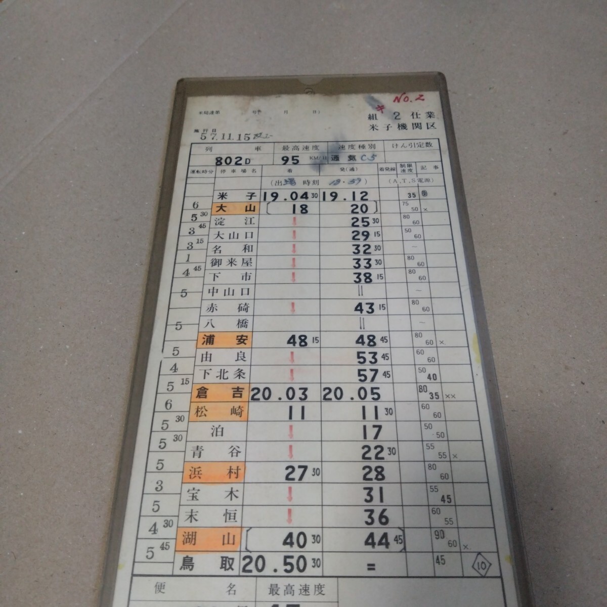 急行九十九島 運転士時刻表(スタフ) 急行九十九島 運転士時刻表(スタフ