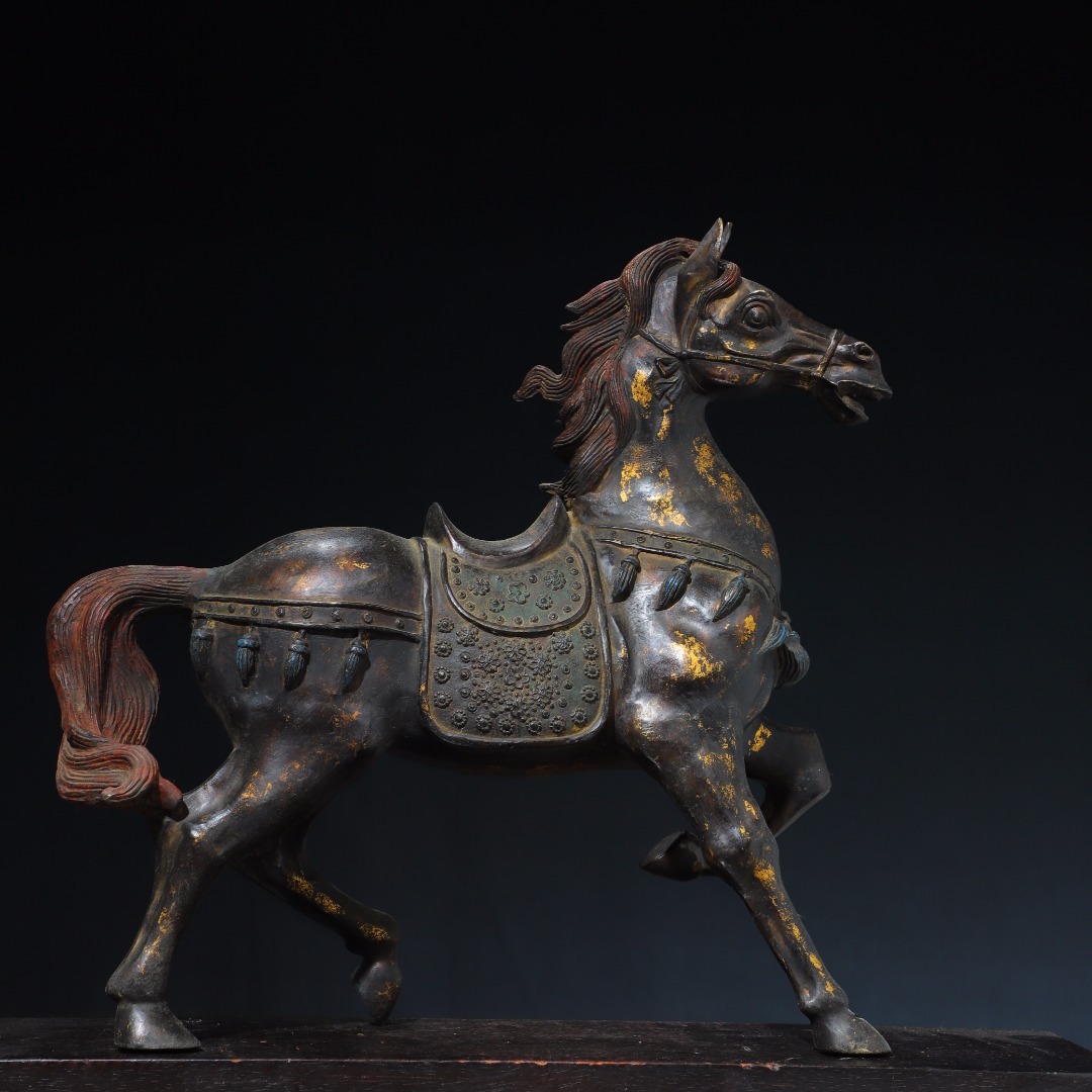 珍品旧蔵* 清乾隆 銅拓金 文案置物 【馬】 極細工 稀少珍品