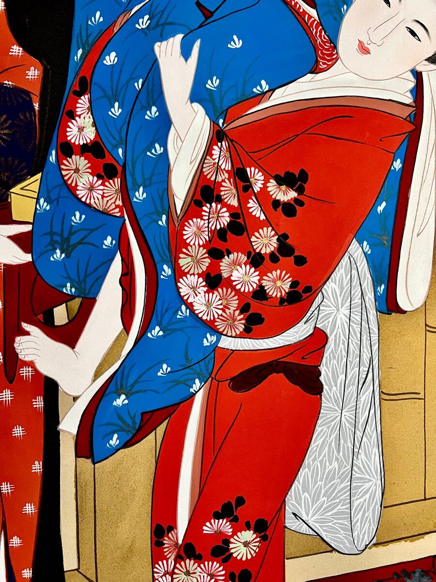 真作】【S8】春扇「正月支度 三美人図」絹本 肉筆 合箱 金泥 超大幅