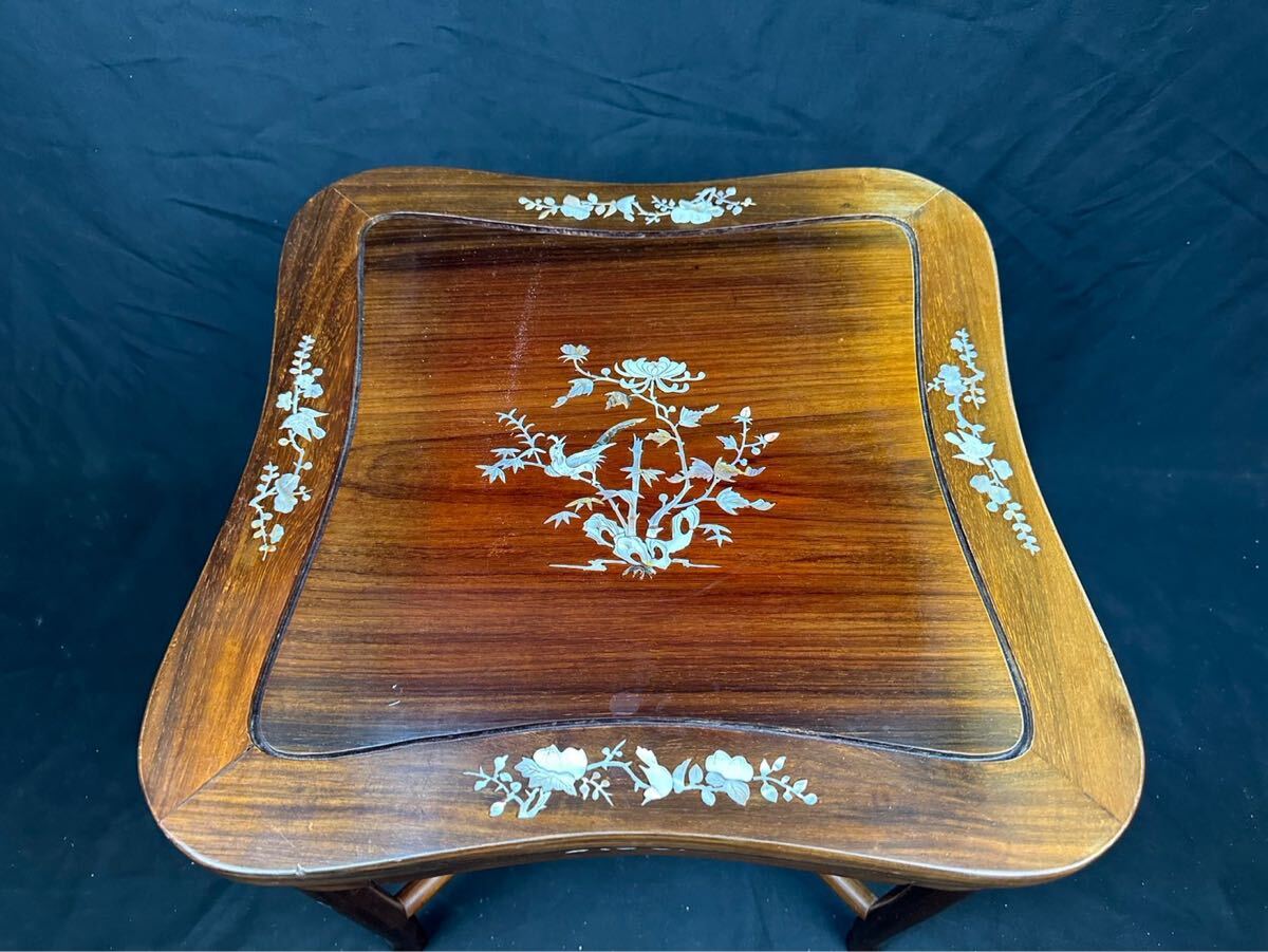 高級家具 螺鈿細工 花梨 中国美術 サイドテーブル 椅子2客 唐木 家具 木製