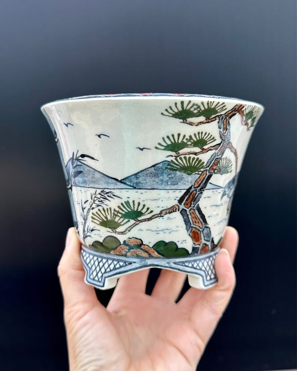 盆栽鉢 桑津香石 絵鉢 四角 松 鳥 赤絵 小品盆栽 盆栽鉢 桑津香石 絵鉢