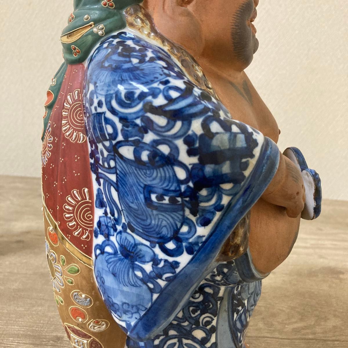 古い九谷焼 布袋様 陶器置物 染付 昭和初期 縁起物〈検七福神 薩摩焼