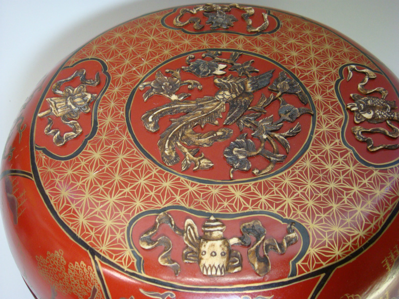 食籠□朱塗り漆器 古い蓋物 象嵌 菓子鉢 鳳凰 花唐草 魚 時代物 骨董品□