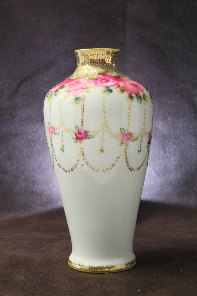 美品】オールドノリタケ コバルト地 金盛り 薔薇紋 花瓶 メープル