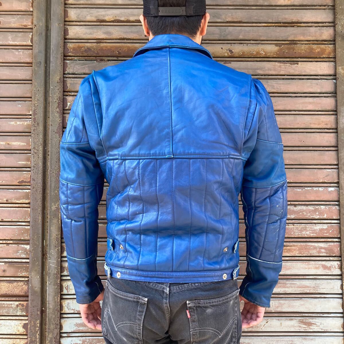 希少 60s 70s イギリス製 ロンジャン ライダース ダブル ブルー 英国製