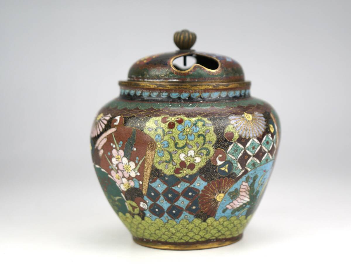 鳳】 中国美術 清朝 唐草胎銅七宝香炉 七宝焼 銅製香炉 景泰藍 木箱付き