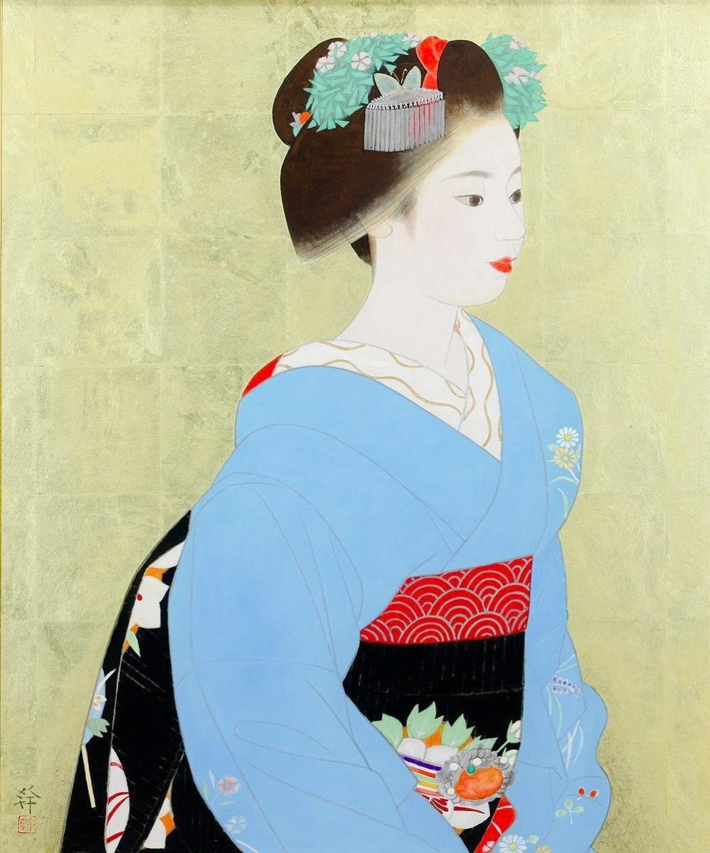 日本画 竹坡『心経.観音図』 紺紙(絹本)金泥仕様掛け軸 絓地