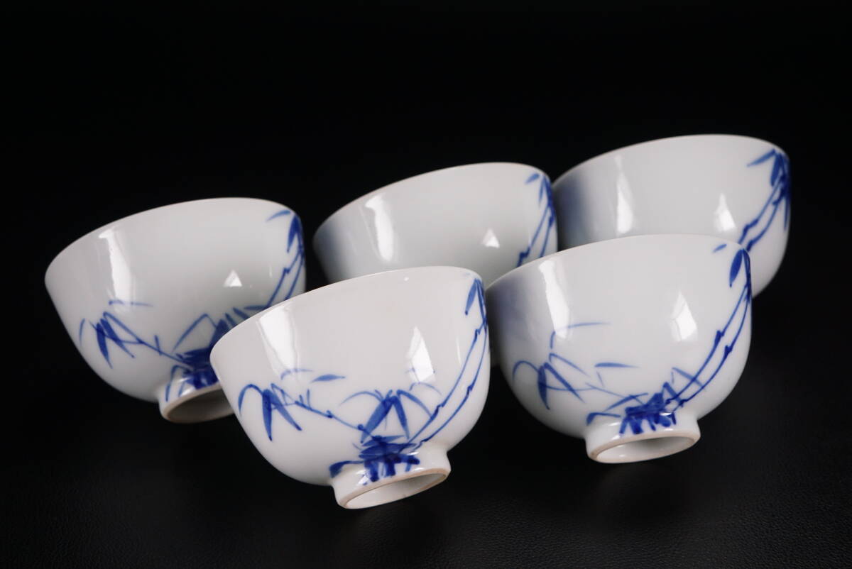 平安三浦竹泉造白磁染付漢詩文六角足付盃MR4630