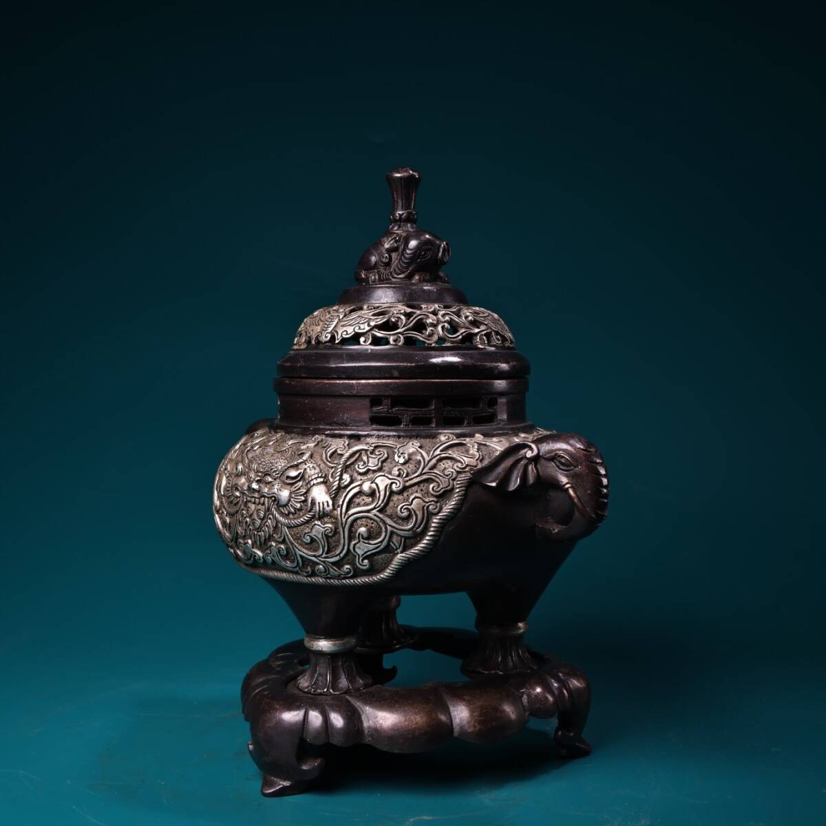 蔵友館蔵品・銅製・銀鍍・雙象耳・熏香炉】・希少珍品・置物・