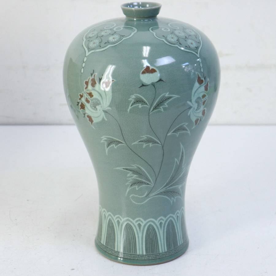 朝鮮高麗青磁花卉文長頸瓶C6104C