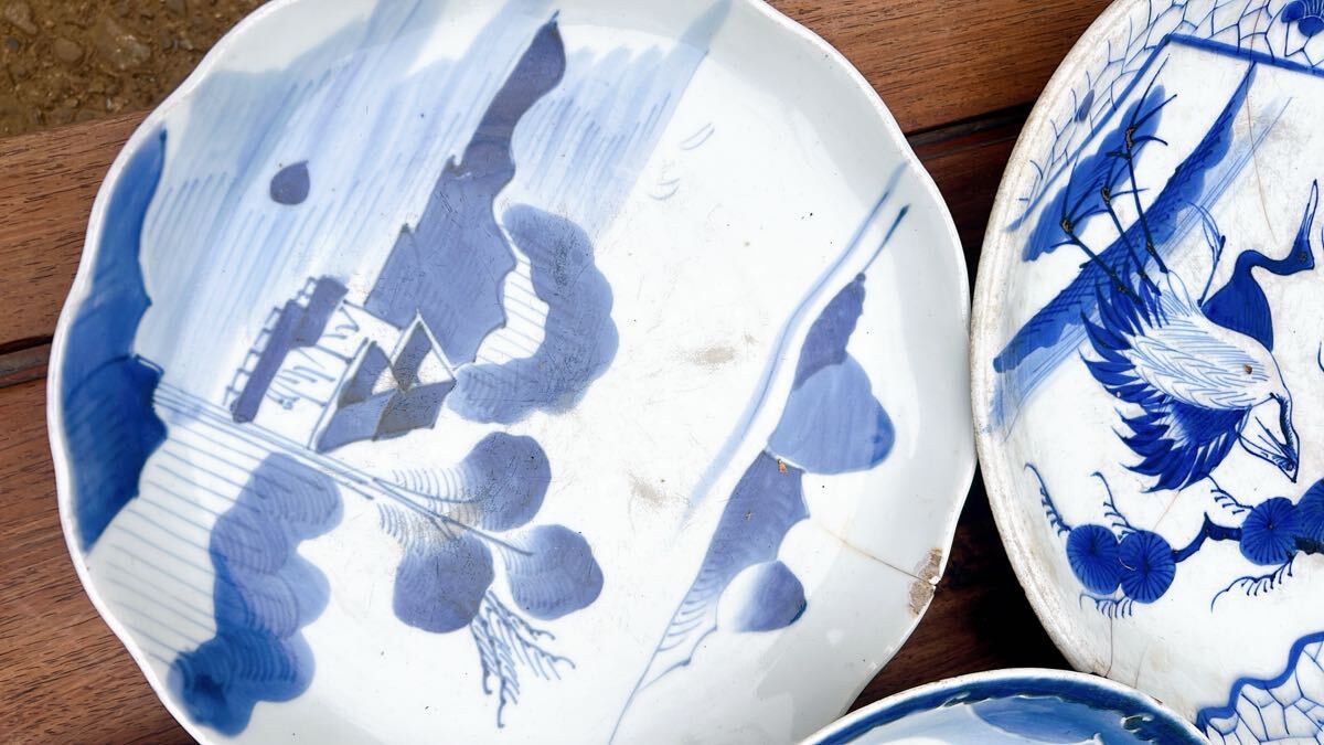 戸03 古い 染付 角皿 他 (江戸後期～明治期) 花唐草 船「玩」