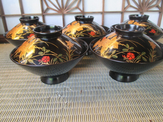 輪島塗 黒塗内総沈金松葉 吸物椀5客 木製漆器 木箱 ①